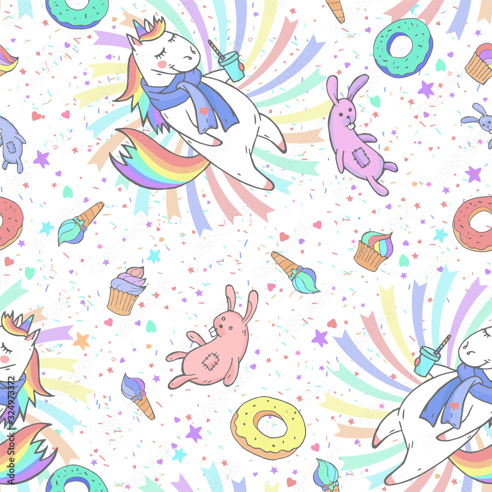 Vector seamless patterns with hand drawn cute unicorns, sweet, coffee and toy on white background.