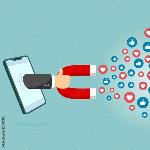 Get more likes. Hand hold horseshoe magnet pulling or get many likes. SEO concept. Vector illustration isolated on blue background. Web site page and mobile app design