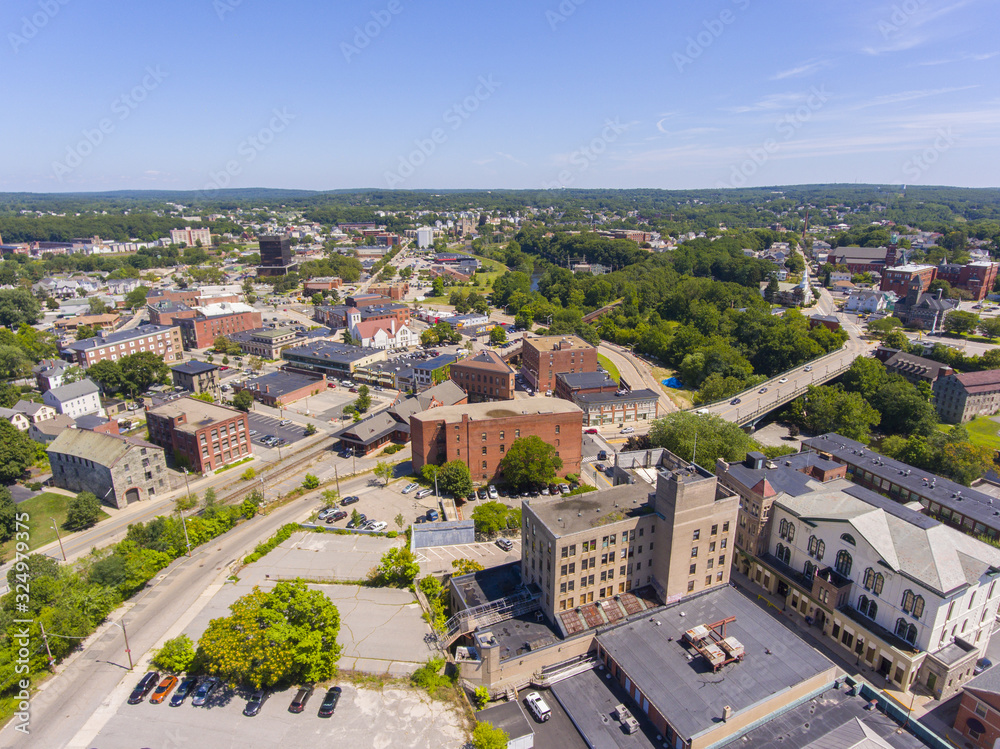 Woonsocket City Hall and Main Street Historic District aerial view in downtown Woonsocket, Rhode Island RI, USA.