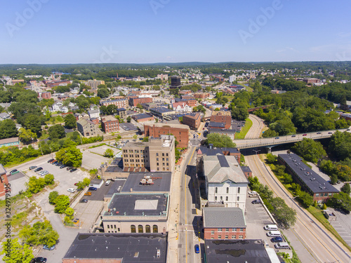 Woonsocket City Hall and Main Street Historic District aerial view in downtown Woonsocket, Rhode Island RI, USA. photo