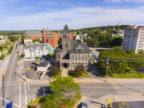 Woonsocket District Courthouse aerial view in downtown Woonsocket, Rhode Island RI, USA.