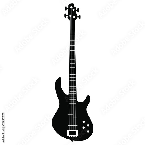 Electric bass guitar. Isolated vector illustration. Black and white silhouette.