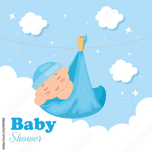 baby shower card with baby boy and decoration vector illustration design