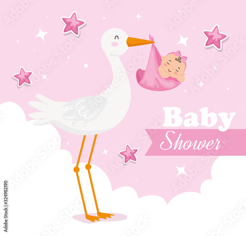 baby shower card with stork and decoration vector illustration design