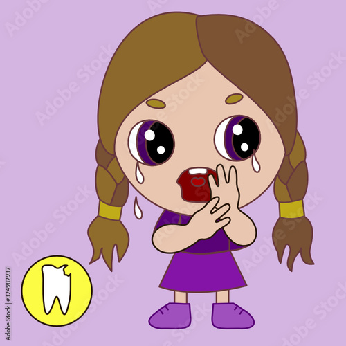 girl chibi cries and holds her hand to her cheek because she has a toothache, color vector simple emoticon on a white isolated background