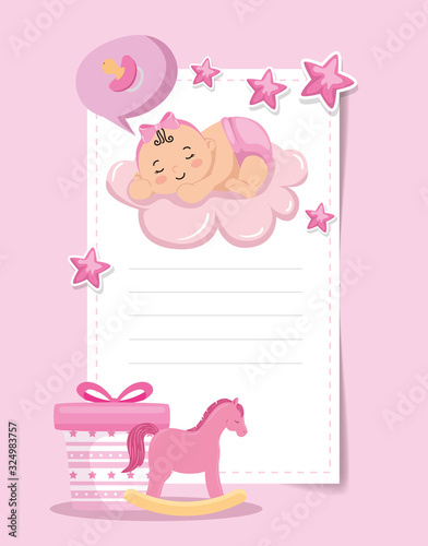baby shower card with little girl and decoration vector illustration design