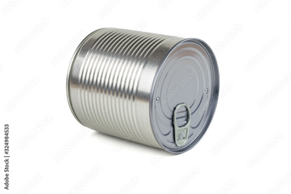Tin can lying on its side isolated on a white background. Tin can lying on its side isolated on a white background.