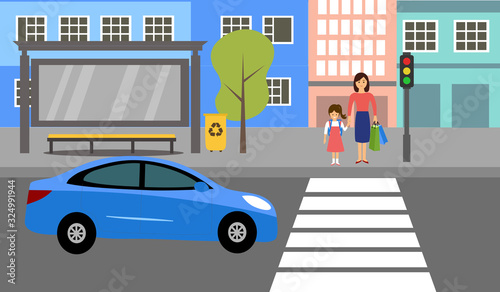 Woman with kid waiting for crossing the road at crosswalk with traffic light vector illustration. Road, car, city street, mom and daughter and traffic light in flat design.