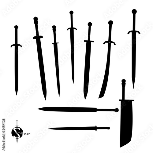 swords set. sword isolated on white background , Military sword  ancient weapon design silhouette, European straight swords., vector illustration, Daggers and Knifes Hand Drawn photo