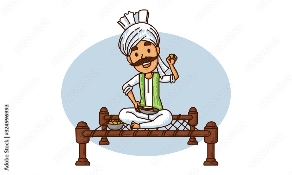 Vector cartoon illustration of haryanvi man eating food. Isolated on white  background. Stock Vector | Adobe Stock