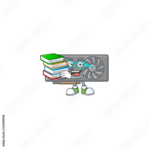 A brainy clever cartoon character of gaming VGA card studying with some books