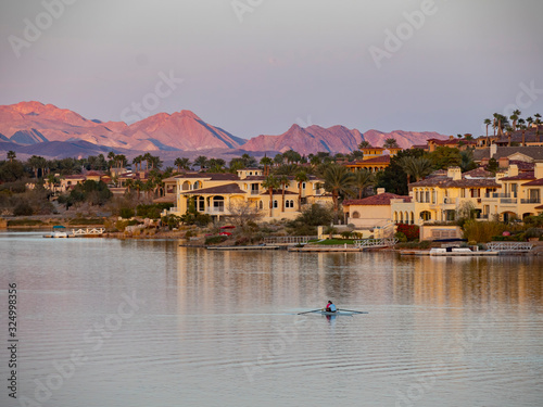 Photography Sunset view of the beautiful buildings in Lake Las Vegas