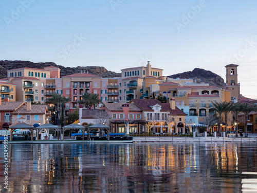 Sunset view of the beautiful buildings in Lake Las Vegas