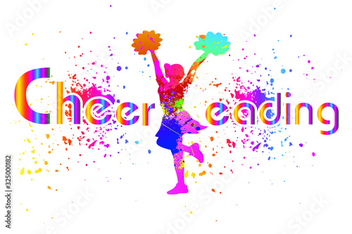 Popular Cheerleader Logo Design. Colorful Text Sports Background. Dancing girl splash paint. Icon, Symbol, Silhouette, Exercises, Healthcare. Vector illustration.  