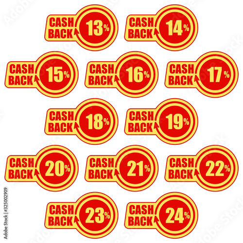Cashback thirteen - twenty four percent, icon set. Concept for sticker, tag, label, infographic element. Vector illustration.