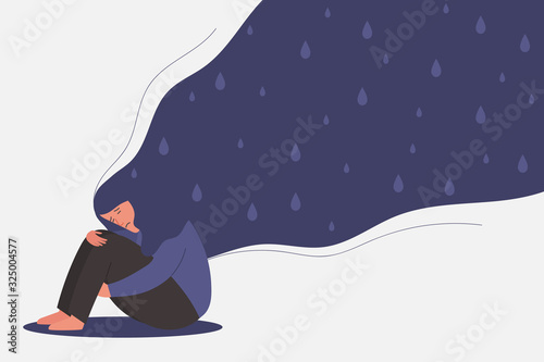 unhappy young girl in depression sitting, lonely woman hugging knees with flying hair and rain drop inside, sorrow, mental health concept, cartoon female character vector flat illustration
