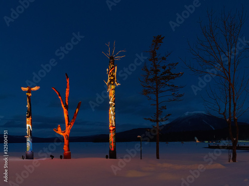 Konstfotografi Totem poles and Mount Oakan