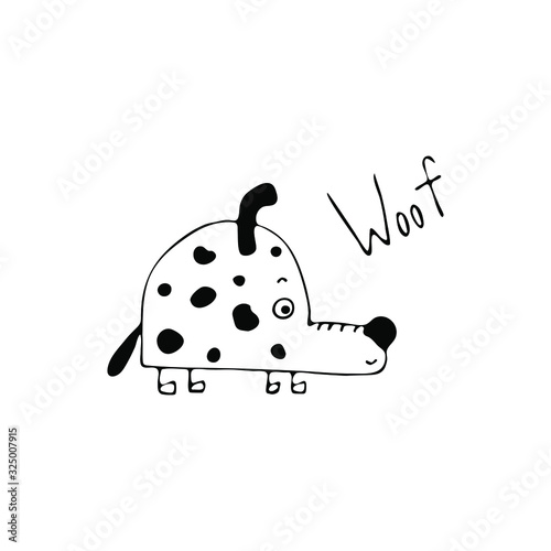 Cute hand drawn dog with pots and word Woof. Design for products for dogs, print on t-shirts, cups and other. Vector illustration.