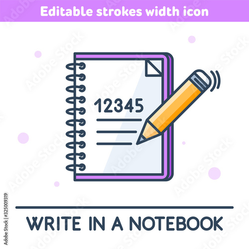 A school notebook outline color icon. A study copybook and pencil linear symbol. Concept of education, learning, Back to school. A pen writes a digits. Vector illustration with editable strokes width.