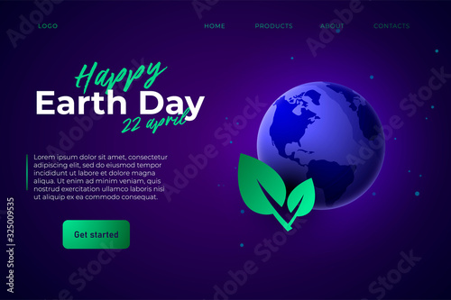 happy Earth Day 22 april webpage landing template. 3d aerth and gradient leaf.