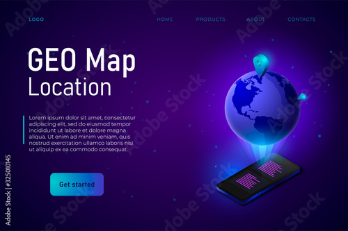Geolocation webpage template. Geo map isometric earth illustration with geo pins.