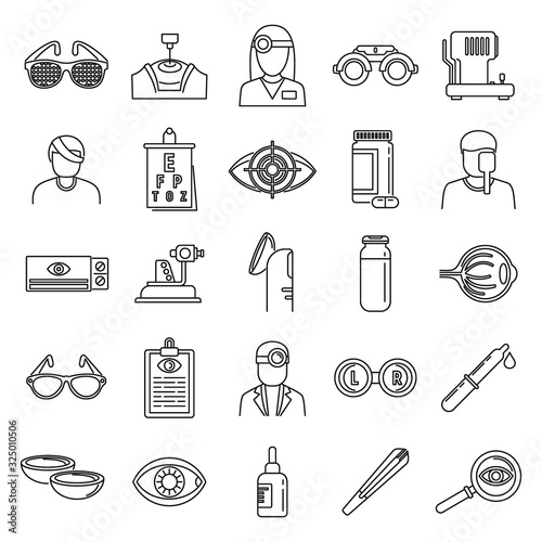 Medical eye examination icons set. Outline set of medical eye examination vector icons for web design isolated on white background