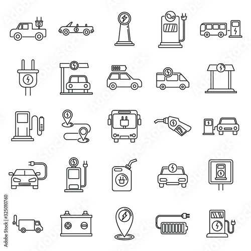 Electrical refueling car icons set. Outline set of electrical refueling car vector icons for web design isolated on white background