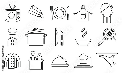 Cooking show bakery icons set. Outline set of cooking show bakery vector icons for web design isolated on white background