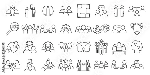 Collaboration icons set. Outline set of collaboration vector icons for web design isolated on white background