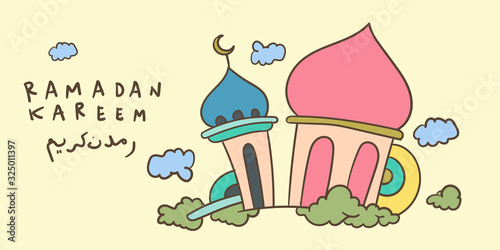 Ramadan kareem mosque, kids doodle illustration islamic greeting card, banner, poster vector illustration background.
