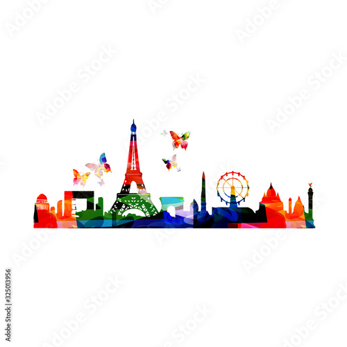 Colorful cityscape view of Paris vector illustration. Tourism and travel poster background. Famous Paris skyline landmarks design for web banner, card, brochure, promotion material