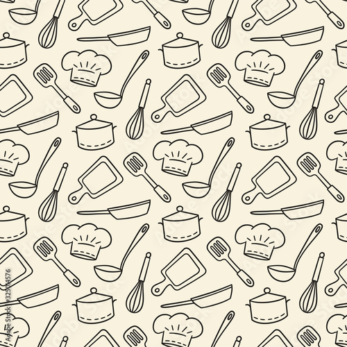 Restaurant Chef. Cute hand drawn seamless pattern. Vector illustration in doodle style