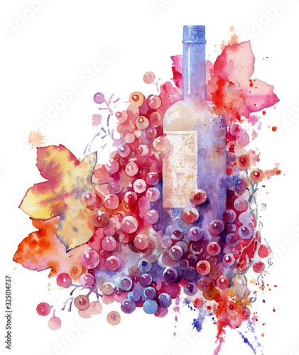 Glass bottle of wine. Wine and grapes, beautiful watercolor illustration. Old wine. Element for the design. Wine and vine. A bottle of wine on the background of a branch of grapes.