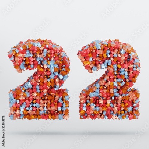Number 22 3D Text Illustration, Digits With Pink And Sky Colors Stars, 3D Render In 4K Resolution, Isolated On White Background, With Shadow ..