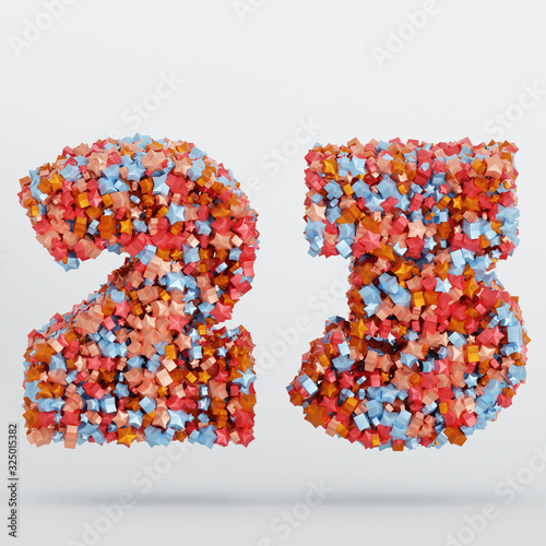 Number 23 3D Text Illustration, Digits With Pink And Sky Colors Stars, 3D Render In 4K Resolution, Isolated On White Background, With Shadow ..