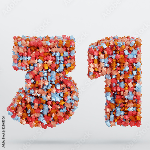 Number 31 3D Text Illustration, Digits With Pink And Sky Colors Stars, 3D Render In 4K Resolution, Isolated On White Background, With Shadow ..