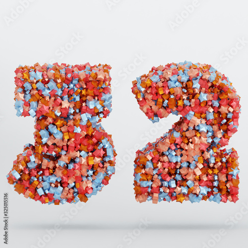 Number 32 3D Text Illustration, Digits With Pink And Sky Colors Stars, 3D Render In 4K Resolution, Isolated On White Background, With Shadow ..