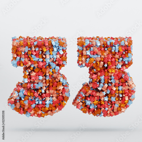 Number 33 3D Text Illustration, Digits With Pink And Sky Colors Stars, 3D Render In 4K Resolution, Isolated On White Background, With Shadow ..