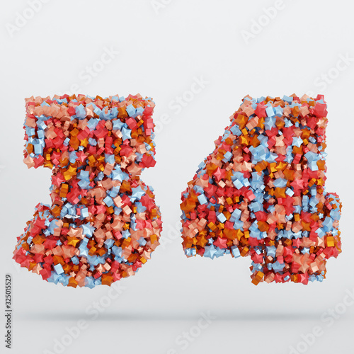 Number 34 3D Text Illustration, Digits With Pink And Sky Colors Stars, 3D Render In 4K Resolution, Isolated On White Background, With Shadow ..