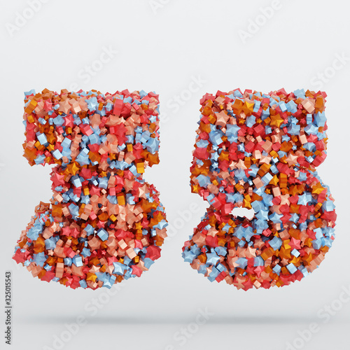 Number 35 3D Text Illustration, Digits With Pink And Sky Colors Stars, 3D Render In 4K Resolution, Isolated On White Background, With Shadow ..