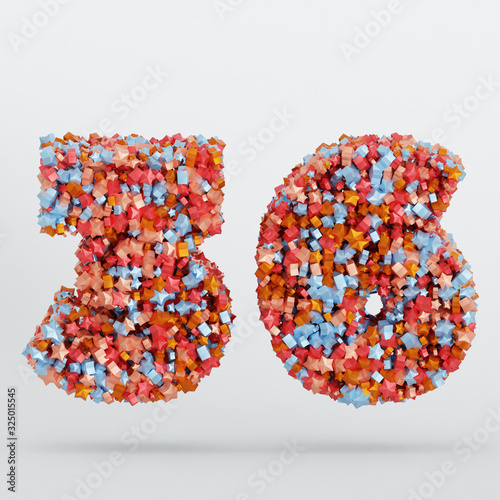 Number 36 3D Text Illustration, Digits With Pink And Sky Colors Stars, 3D Render In 4K Resolution, Isolated On White Background, With Shadow ..