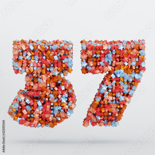 Number 37 3D Text Illustration, Digits With Pink And Sky Colors Stars, 3D Render In 4K Resolution, Isolated On White Background, With Shadow ..