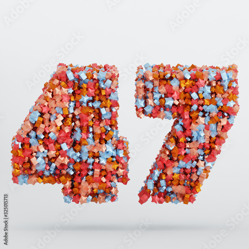 Number 47 3D Text Illustration, Digits With Pink And Sky Colors Stars, 3D Render In 4K Resolution, Isolated On White Background, With Shadow ..