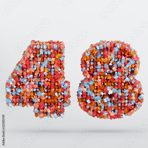 Number 48 3D Text Illustration, Digits With Pink And Sky Colors Stars, 3D Render In 4K Resolution, Isolated On White Background, With Shadow ..