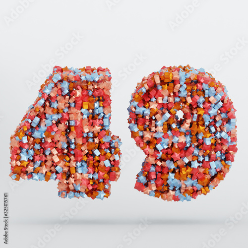 Number 49 3D Text Illustration, Digits With Pink And Sky Colors Stars, 3D Render In 4K Resolution, Isolated On White Background, With Shadow ..