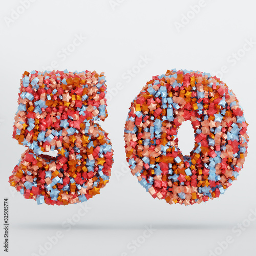 Number 50 3D Text Illustration, Digits With Pink And Sky Colors Stars, 3D Render In 4K Resolution, Isolated On White Background, With Shadow ..