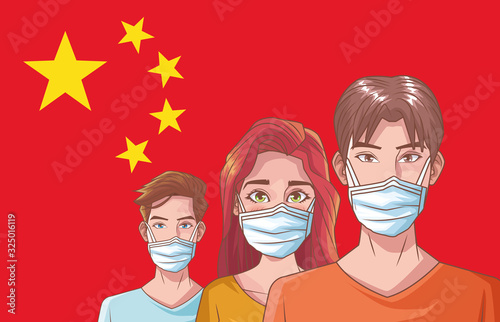 coronavirus infographic with people using mask and flag