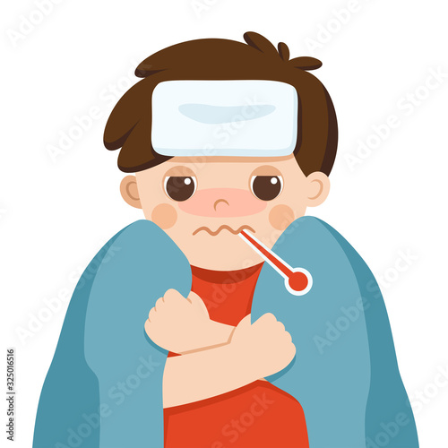 Sick cute boy with fever wrapped in warm blanket and a thermometer in mouth and feel so bad on white background. Flu symptoms.