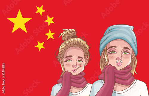 coronavirus infographic with sick women and flag