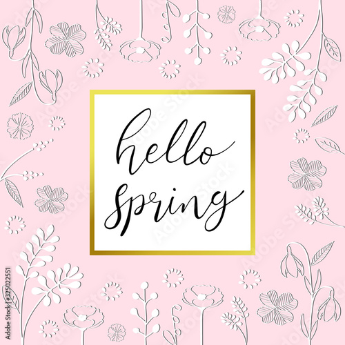 Hello Spring hand drawn sketched Lettering spring season with white color hand drawn variation flower pattern on pastel pink background for greeting card, invitation template vector 